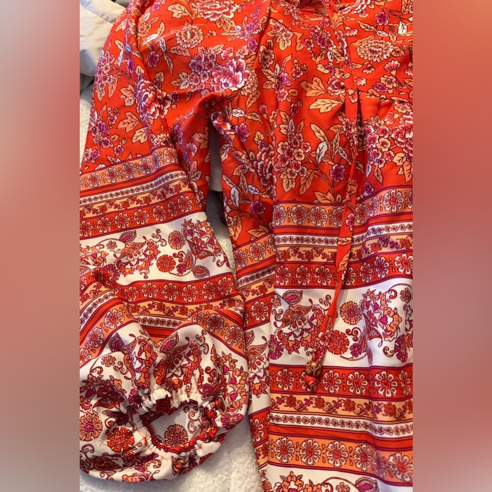 Bohemian Outsider Coral Red Floral Border Print Blouse - Picture 4 of 10